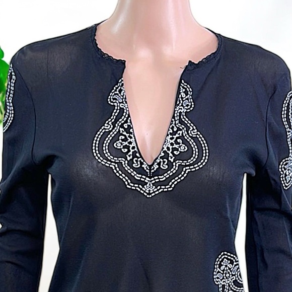 Kenneth Cole Black Mandala Print Long Sleeve Mesh Tunic - Picture 2 of 16